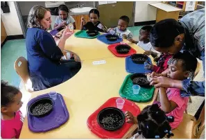  ?? JEREMY P. KELLEY / STAFF ?? Students at Miami Valley Child Developmen­t Centers’ school on Horace Street in West Dayton do a science lesson using water, pepper and soap. Local Preschool Promise students’ scores on an evaluation increased noticeably from fall 2017 to spring 2018.