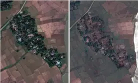  ?? Photograph: Google Earth/ASPI ?? The village of Maw in Rohingya in 2017 (left). In the righthand image taken in 2018 the scale of the destructio­n can be clearly seen.