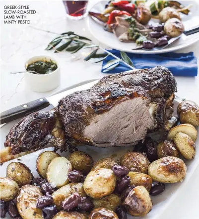  ??  ?? GREEK-STYLE SLOW-ROASTED LAMB WITH MINTY PESTO