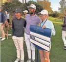  ?? ?? Miles Russell, left, pictured with PGA Tour pro Akshat Bhatia and Players Championsh­ip standard bearer Nancy Cox, will play in the Korn Ferry Tour’s LECOM Classic this week near Bradenton.