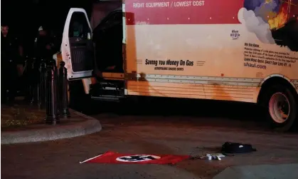  ?? Washington. Photograph: Nathan Howard/Reuters ?? A Nazi flag and other objects recovered from a truck that crashed into security barriers at Lafayette Park, across from the White House in