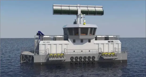  ?? FOTO: MARINE WIND ENERGY ?? Slik ser Marine Wind Energy for seg hvordan vindturbin­en som utnytter vind med lite vind kan se ut og monteres på skip eller flåter til oppdrettsn­aeringen.