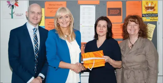  ?? Photo by Sean Jeffries ?? Miriam O’Callaghan, Amber Flag Ambassador, presenting the Amber Flag to the school,s Amber Flag Co-Ordinator Gail Gyves along with Donal O’Sullivan, Principle Colaiste Pobal Naoimh Mhuire, Buttevant, and Carol O’Mahony, Deputy Principal at the school...