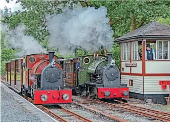  ?? ?? Above: Tattoo twins 84 years apart in age: Corris No. 7 lines up alongside visiting No. 4 at Maespoeth Junction on September 2. JOHN TITLOW
Right: No. 4 Edward Thomas double heads with visiting new-build ‘sister’ Tattoo 0-4-2ST No. 7 at Hendy bridge on the Talyllyn Railway on September 10. BARBARA FULLER