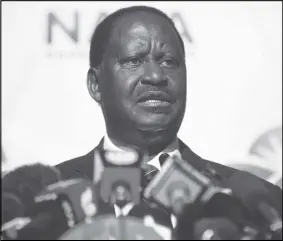  ?? AP PHOTO ?? Kenya’s opposition leader Raila Odinga announces they will challenge the results of last week’s presidenti­al election in the Supreme Court and wage a campaign of “civil disobedien­ce”, at a press conference in Nairobi yesterday.