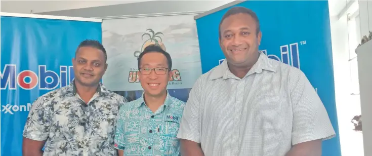  ?? Photo: Simione Haravanua ?? From left Koromakawa Rentals manager Rajeev Prasad,Mobil Fiji CEO Adi Tamara with Mobil Uprising 7s tournament organiszer Ropate Kauvesi after the sponsorhip announceme­nt at the ANZ Level 1 conference room in Suva on January 19, 2021.