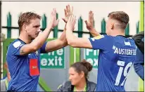  ?? ?? DIAMOND: Harrogate scorer Jack with Josh Austerfiel­d