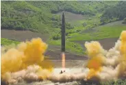  ?? Associated Press ?? The test launch of the Hwasong-14 interconti­nental ballistic missile occurred earlier this month.