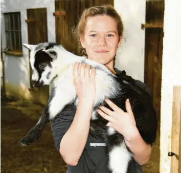  ?? Fotos: Bernhard Weizenegge­r ?? Angelina Hehlinger züchtet Pfauenzieg­en. Im Februar kam im Kammeltale­r Ortsteil Hartberg Nachwuchs auf die Welt. Fauna heißt das Zicklein, das die 15‰Jährige im Arm hält.