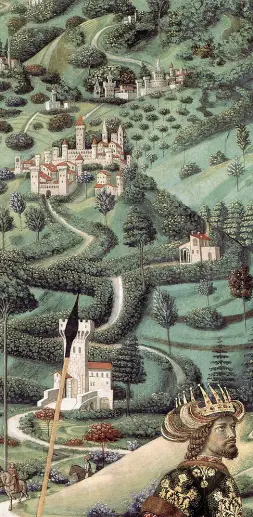  ??  ?? Un particolar­e della Cavalcata dei Magi di Benozzo Gozzoli con il paesaggio toscano