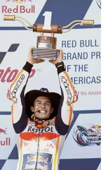  ?? — AP ?? No stopping me: Marc Marquez of Spain celebratin­g his win in the Grand Prix of the Americas in Austin, Texas, on Sunday.