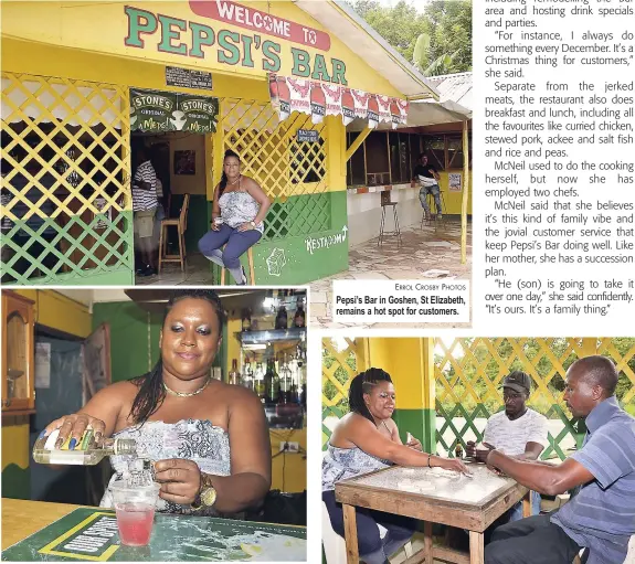  ?? ERROL CROSBY PHOTOS ?? McNeil pours some Wray &amp; Nephew white rum into a cup. Pepsi’s Bar in Goshen, St Elizabeth, remains a hot spot for customers. A round of dominoes with customers is always fun.