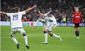  ?? Photograph: James Gill/Danehouse/Getty Images ?? Roony Bardghji celebrates after scoring Copenhagen’s late winner to leave Manchester United bottom of their group.