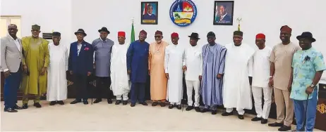  ??  ?? Governors of the 17 Southern states after their meeting yesterday in Asaba, Delta State, where Southern Governors’ Forum bans open grazing across Southern Nigeria.