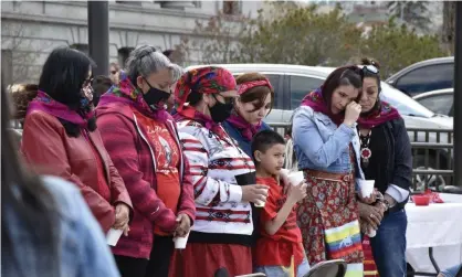  ?? Photograph: Iris Samuels/AP ?? Family members of missing and murdered Indigenous women gather in front of the state capitol in Helena, Montana, in May 2021.