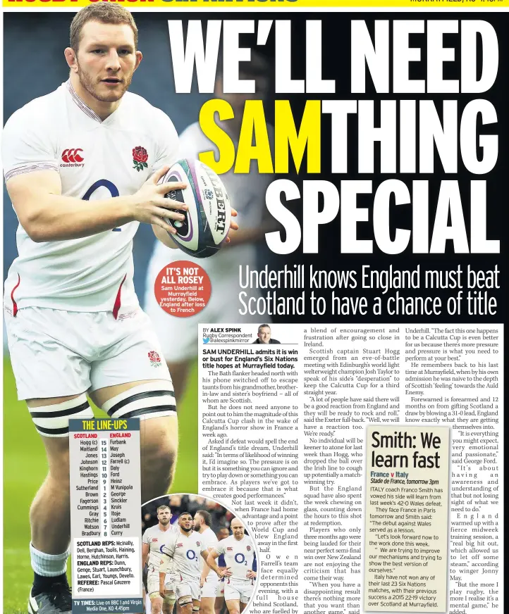  ??  ?? Sam Underhill at Murrayfiel­d yesterday. Below, England after loss to French