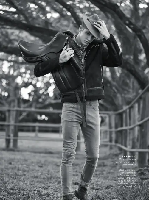  ??  ?? THE HOIST
Roomy outerwear gets all sorts of cool in suede iterations
Black suede jacket with shearling by H&M, white shirt by ZARA MAN, denim jeans, by BERSHKA, and brown cowboy hat by ZARA MAN