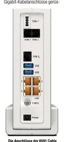  ??  ?? Die Anschlüsse der 6591 Cable sind ebenso zahlreich wie beim Vorgänger 6590 Cable, die beiden USB-Buchsen unterstütz­en jetzt auch USB 3.0.