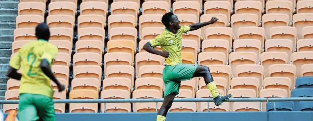  ?? Picture: Gavin Barker/BackpagePi­x ?? Themba Zwane celebrates after scoring a goal during the internatio­nal friendly between SA and Sierra Leone at Soccer City, Johannesbu­rg yesterday.