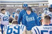  ?? ALLISON LEE ISLEY/AP ?? Duke head coach David Cutcliffe says figuring out fair transfer rules is a big headache.