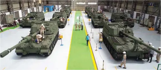  ?? PHOTOGRAPH: L&T ?? K9 VAJRA-T, 155mm/ 52 Cal Tracked Self Propelled Guns at L&amp;T’s Hazira facility