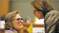  ?? NEW MEXICAN FILE PHOTO ?? Stewart, right, confers with Senate President Pro Tem Mary Kay Papen (D-Las Cruces), during a debate in February. Stewart has been nominated to succeed Papen as the chamber’s top leader.