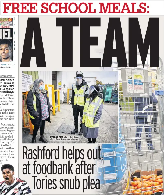  ??  ?? RED ALERT Man Utd player visits FareShare warehouse