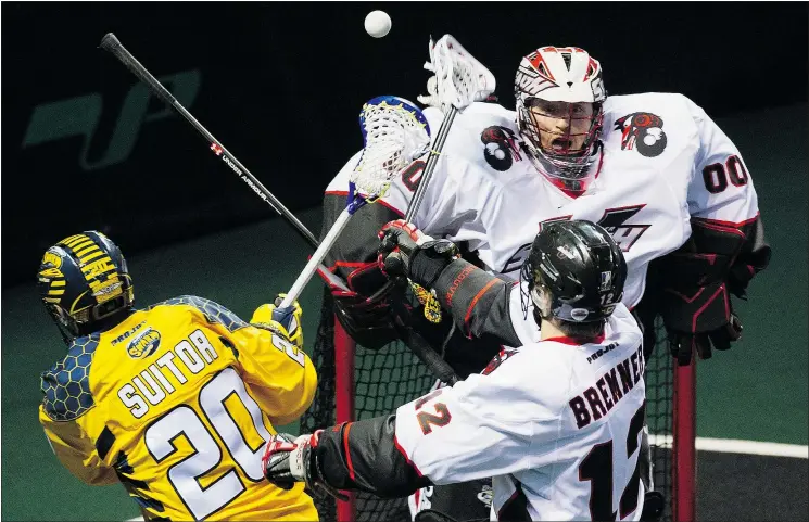  ?? GERRY KAHRMANN/PNG FILES ?? Goalie Tyler Richards guards the Vancouver Stealth net in 2014. ‘I’ve had a lot of personal growth in the last year,’ he says.