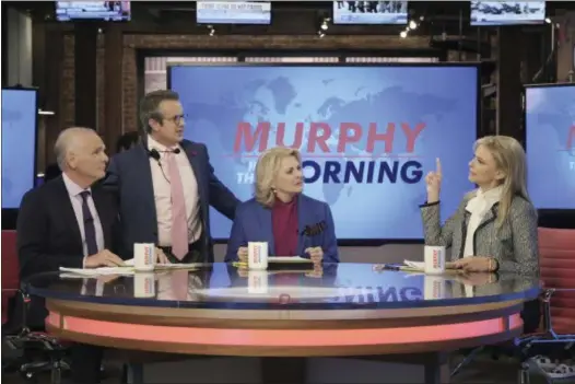  ?? CBS ?? Joe Regalbuto, left, as Frank Fontana, Grant Shaud, as Miles Silverberg, Candice Bergen, as Murphy Brown, and Faith Ford, as Corky Sherwood, share a scene in a new episode of “Murphy Brown” on CBS.