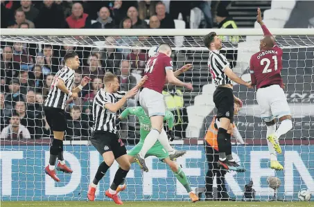  ??  ?? West Ham United’s Declan Rice scores his side’s first goal at the London Stadium.
