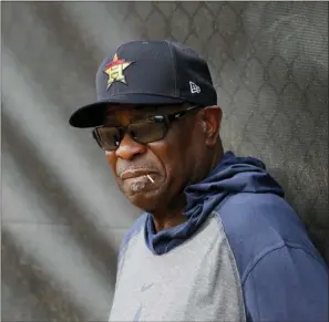  ?? JEFF ROBERSON — THE ASSOCIATED PRESS ?? Houston Astros manager Dusty Baker leans against a fence during spring training. Baker, hired to clean up the team’s image in the wake of the cheating scandal, wants MLB to protect his players from beanballs.