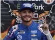  ?? AP ?? VICTORY LANE: Kyle Larson celebrates after winning at Texas Motor Speedway on Sunday.