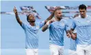  ??  ?? Raheem Sterling celebrates scoring Manchester City’s opening goal. Photograph: Eurasia Sport Images/Getty Images