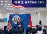 ?? GAO ERQIANG / CHINA DAILY ?? US Consul General in Shanghai Sean Stein speaks at the newly renovated waiting room on Sept 7.