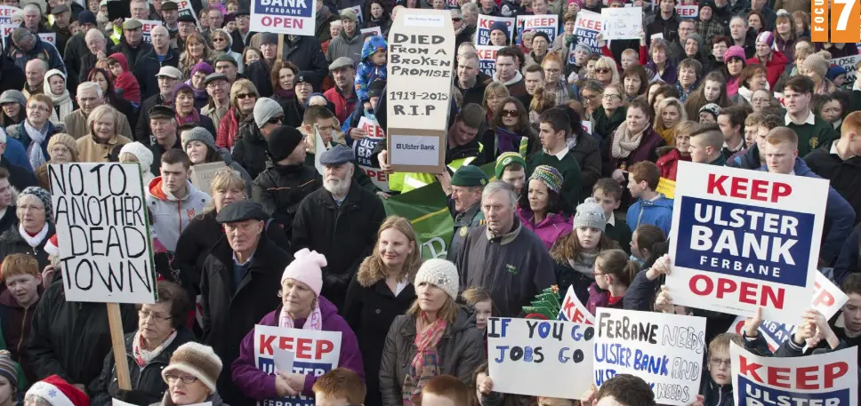  ??  ?? Protesters march against the closure of the Ulster Bank in Ferbane, Co Offaly — many rural towns have seen their banks and post offices close branches