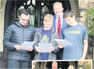  ??  ?? Jeff Shaw celebrates the A-level results with, above, Tom Ward and Harry Trigg and, right, Sarah Ferreira and Shea Scarisbric­k