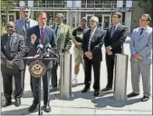  ?? JACK KRAMER / CTNEWSJUNK­IE ?? U.S. Sen. Richard Blumenthal speaks Monday outside the federal building in Hartford.