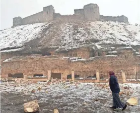  ?? ANADOLU AGENCY VIA GETTY IMAGES ?? A view of damaged historical Gaziantep Castle after an earthquake hit Gaziantep, Turkey on Monday.