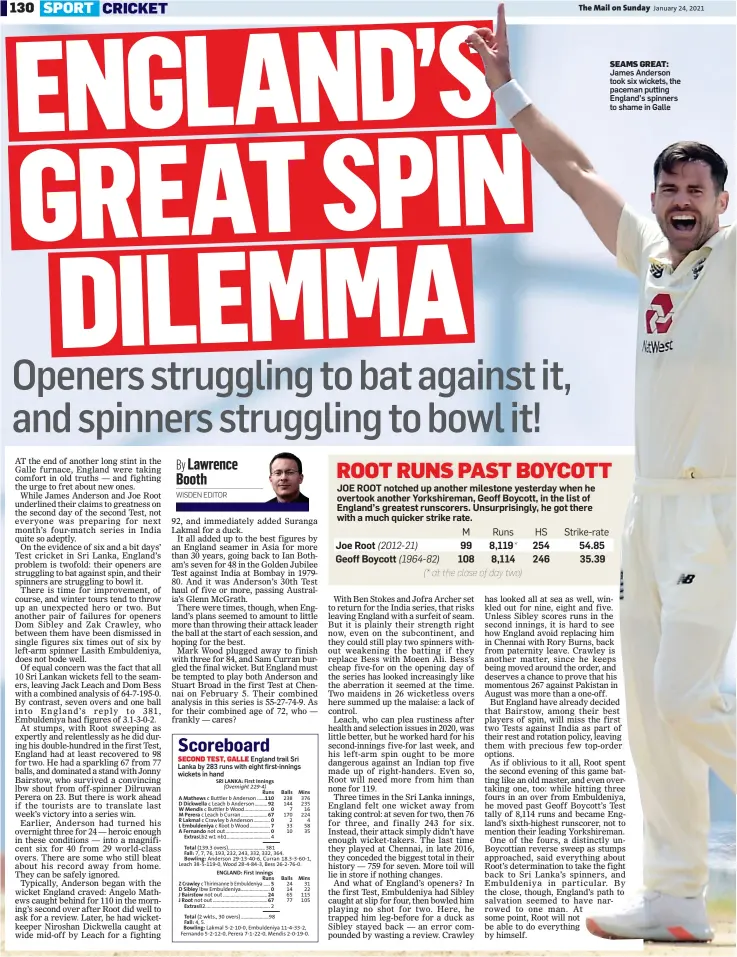  ??  ?? SEAMS GREAT: James Anderson took six wickets, the paceman putting England’s spinners to shame in Galle