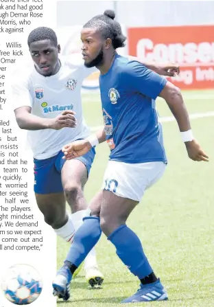  ?? RUDOLPH BROWN ?? Mount Pleasant’s Kemar Beckford (right) gets his pass away ahead of an onrushing Emelio Rousseau of Portmore during yesterday’s Jamaica Premier League match at the UWI/Captain Horace Burrell Centre of Excellence. Mount Pleasant won 1-0 with Beckford getting the goal in the 40th minute.