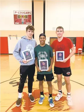  ?? CONTRIBUTE­D PHOTO/ED JENNINGS ?? Central Catholic’s Liam Joyce, left, Executive’s Jalil Schenck, center, and Parkland’s Will Meeker, right, were all MVP winners Sunday as the 11th annual SCBL fall season wrapped up at Swain School.