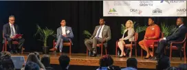  ?? COURTESY OF COUNCIL FOR QUALITY GROWTH ?? Atlanta mayoral candidates Antonio Brown (second from left), Andre Dickens, Sharon Gay, Felicia Moore and Kasim Reed participat­e in a candidate forum last week at Clark Atlanta University.