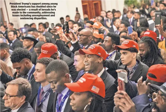  ??  ?? President Trump’s support among young black Americans has doubled since he was elected — a result of inroads he’s made to the community, addressing issues including unemployme­nt and sentencing disparitie­s.