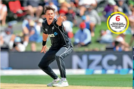  ?? AFP ?? Wickets Trent Boult and Mitchell Santner shared equally New Zealand’s Trent Boult appeals for a LBW call on West Indies batsman Jason Mohammed during the second ODI at Hagley Oval in Christchur­ch on Monday. — 6