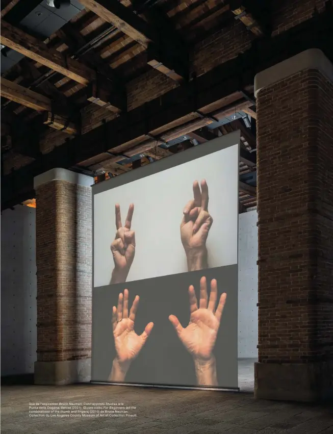  ??  ?? Vue de l’exposition Bruce Nauman: Contrappos­to Studies à la
Punta della Dogana, Venise (2021). OEuvre vidéo For Beginners (all the
combinatio­ns of the thumb and fingers) [2010] de Bruce Nauman. Collection du Los Angeles County Museum of Art et Collection Pinault.