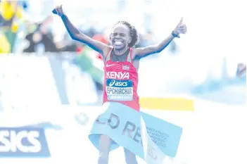  ??  ?? Jepchirchi­r beats the World Record (1:05:16) and wins the women’s race of the 2020 IAAF World Half Marathon Championsh­ips in Gdynia, Poland. - AFP photo