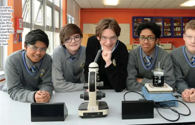  ?? MAIN PHOTO: CAROLINE QUINN ?? Synge Street students preparing for the BT Young Scientist Competitio­n (l-r); Yaduvik Harhangi; Marton Goz, and his brother Benedek, Dhruv Bhamidipat­i, and Elvin Lucaci, and (below right) a Westland Row pupil Robyn Delaney during a TY fashion project