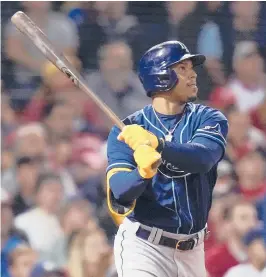  ?? CHARLES KRUPA/AP ?? The Rays’ Wander Franco watches his two-run home run during the fifth inning against the Red Sox in Game 4 of the ALDS on Oct. 11 in Boston. The Rays and Red Sox meet again for the first time this season on April 22.