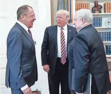  ?? RUSSIAN FOREIGN MINISTRY VIA AP ?? President Trump meets with Russian Foreign Minister Sergei Lavrov, left, and Ambassador Sergey Kislyak last Wednesday.