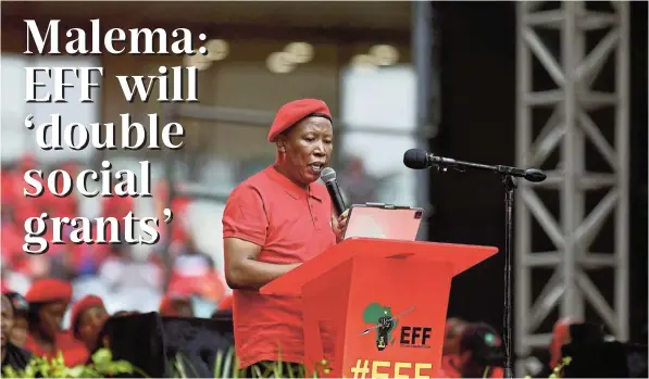  ?? Picture: Sandile Ndlovu ?? EFF president Julius Malema speaks during the party’s election manifesto launch at Moses Mabhida Stadium in Durban yesterday.